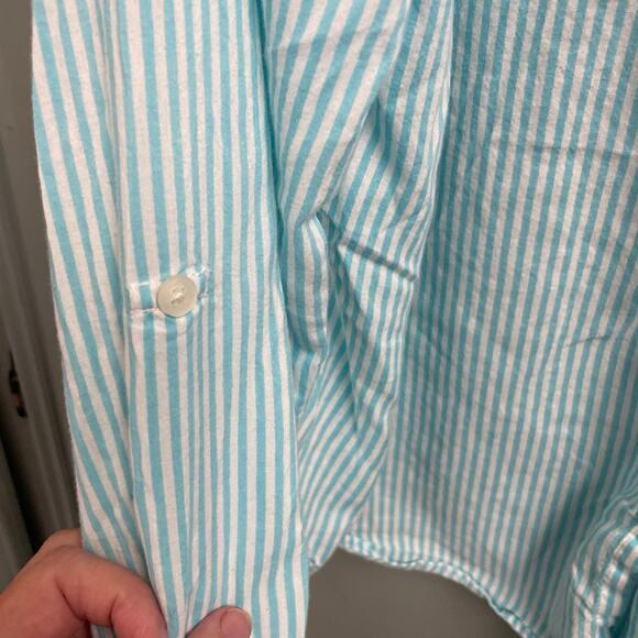 Lauren Ralph Lauren Aqua Stripe Pajama Set Womens Medium Cotton Monogram - Picture 2 of 4